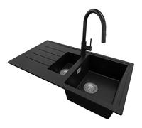 PRIMAGRAN Evier Cuisine en Granit Noir 90x50cm, Lavabo 1,5 bacs + Robinet 40x20cm + Kit de Vidage, Évier à Encastrer al mueble 60cm - Copenhague Duo