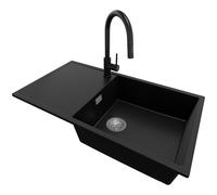 PRIMAGRAN Evier Cuisine en Granit Noir 90x50cm, Lavabo 1 bac + Kit de Vidage + Robinet 40x22cm, Évier à Encastrer au meuble 60cm - Ibiza