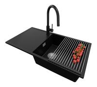PRIMAGRAN Evier Cuisine en Granit Noir 90x50cm, Lavabo 1 bac + Robinet 40x20cm + Kit de Vidage + Égouttoir Enroulable, Évier à Encastrer al mueble 60cm - Ibiza