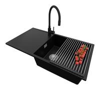 PRIMAGRAN Evier Cuisine en Granit Noir 90x50cm, Lavabo 1 bac + Robinet 40x38cm + Kit de Vidage + Égouttoir Enroulable, Évier à Encastrer al mueble 60cm - Ibiza