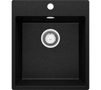 PRIMAGRAN Evier Cuisine en Granit Noir Métallisé 43x50cm, Lavabo 1 bac + Kit de Vidage, Évier à Encastrer al mueble 45cm - Riga S128