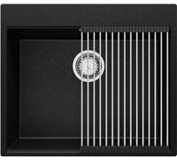 PRIMAGRAN Evier Cuisine en Granit Noir Métallisé 58x50cm, Lavabo 1 bac + Égouttoir Enroulable, Évier à Encastrer al mueble 60cm - Oslo