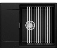 PRIMAGRAN Evier Cuisine en Granit Noir Métallisé 62x50cm, Lavabo 1 bac + Kit de Vidage + Égouttoir Enroulable, Évier à Encastrer al mueble 50cm - San Francisco