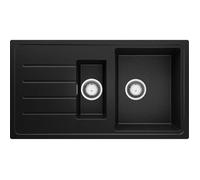 PRIMAGRAN Evier Cuisine en Granit Noir Métallisé 90x50cm, Lavabo 1,5 bacs + Kit de Vidage, Évier à Encastrer al mueble 60cm - Copenhague Duo