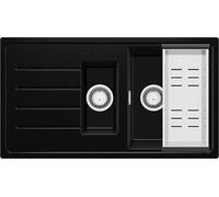 PRIMAGRAN Evier Cuisine en Granit Noir Métallisé 90x50cm, Lavabo 1,5 bacs + Kit de Vidage, Évier à Encastrer au Meuble 60cm - Copenhague Duo S060