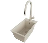 PRIMAGRAN Evier Cuisine en Granit Tout Beige 28x50cm, Lavabo 1 bac + Robinet 40x20cm + Kit de Vidage, Évier à Encastrer au Meuble 30cm - Riga S026