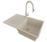 PRIMAGRAN Evier Cuisine en Granit Tout Beige 78x50cm, Lavabo 1 bac + Robinet 40x20cm + Kit de Vidage, Évier à Encastrer au Meuble 50cm - San Francisco S026
