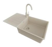 PRIMAGRAN Evier Cuisine en Granit Tout Beige 90x50cm, Lavabo 1 bac + Robinet 32x20cm + Kit de Vidage, Évier à Encastrer au Meuble 60cm - Copenhague Top S676