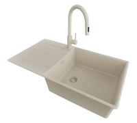PRIMAGRAN Evier Cuisine en Granit Tout Beige 90x50cm, Lavabo 1 bac + Robinet 40x20cm + Kit de Vidage, Évier à Encastrer au Meuble 60cm - Copenhague Top S684