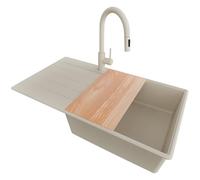 PRIMAGRAN Evier Cuisine en Granit Tout Beige 90x50cm, Lavabo 1 bac + Robinet 40x20cm + Set d’accessoires, Évier à Encastrer au Meuble 60cm - Copenhague Top S740