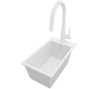 PRIMAGRAN Evier Cuisine en Granit Tout Blanc 28x50cm, Lavabo 1 bac + Robinet 40x20cm + Kit de Vidage, Évier à Encastrer al mueble 30cm - Riga S022