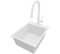 PRIMAGRAN Evier Cuisine en Granit Tout Blanc 38x50cm, Lavabo 1 bac + Kit de Vidage + Robinet 40x20cm, Évier à Encastrer au meuble 40cm - Riga