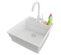 PRIMAGRAN Evier Cuisine en Granit Tout Blanc 48x53cm, Lavabo 1 bac + Robinet 32x20cm + Kit de Vidage, Évier à Encastrer al mueble 50cm - New York