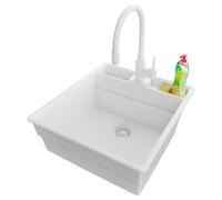 PRIMAGRAN Evier Cuisine en Granit Tout Blanc 48x53cm, Lavabo 1 bac + Robinet 38x14cm + Kit de Vidage, Évier à Encastrer al mueble 50cm - New York