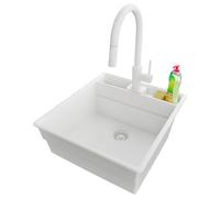 PRIMAGRAN Evier Cuisine en Granit Tout Blanc 48x53cm, Lavabo 1 bac + Robinet 40x20cm + Kit de Vidage, Évier à Encastrer al mueble 50cm - New York