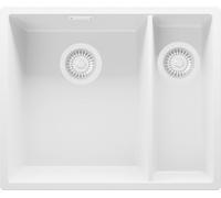 PRIMAGRAN Evier Cuisine en Granit Tout Blanc 56x47cm, Lavabo 1,5 bacs + Kit de Vidage, Évier à Encastrer al mueble 60cm - London Slim Duo S008
