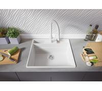 PRIMAGRAN Evier Cuisine en Granit Tout Blanc 58x53cm, Lavabo 1 bac + Robinet 32x20cm, Évier à Encastrer al mueble 60cm - New York