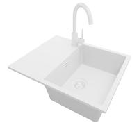 PRIMAGRAN Evier Cuisine en Granit Tout Blanc 62x50cm, Lavabo 1 bac + Robinet 32x20cm + Kit de Vidage, Évier à Encastrer au Meuble 45cm - Ibiza S012