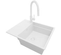 PRIMAGRAN Evier Cuisine en Granit Tout Blanc 62x50cm, Lavabo 1 bac + Robinet 40x20cm + Kit de Vidage, Évier à Encastrer al mueble 50cm - San Francisco
