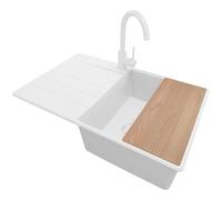 PRIMAGRAN Evier Cuisine en Granit Tout Blanc 78x50cm, Lavabo 1 bac + Kit de Vidage + Robinet 32x20cm + Planche à Découper, Évier à Encastrer au meuble 50cm - Copenhague