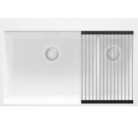 PRIMAGRAN Evier Cuisine en Granit Tout Blanc 78x50cm, Lavabo 2 bacs + Kit de Vidage + Égouttoir Enroulable, Évier à Encastrer au meuble 80cm - Oslo Duo
