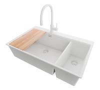 PRIMAGRAN Evier Cuisine en Granit Tout Blanc 78x50cm, Lavabo 2 bacs + Kit de Vidage + Planche à Découper, Évier à Encastrer al mueble 80cm - Oslo Duo