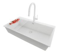 PRIMAGRAN Evier Cuisine en Granit Tout Blanc 88x50cm, Lavabo 1 bac + Kit de Vidage + Égouttoir Enroulable, Évier à Encastrer al mueble 90cm - Oslo