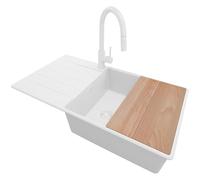PRIMAGRAN Evier Cuisine en Granit Tout Blanc 90x50cm, Lavabo 1 bac + Robinet 40x20cm + Set d’accessoires, Évier à Encastrer au Meuble 60cm - Copenhague Top S736