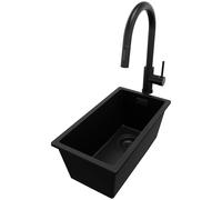 PRIMAGRAN Evier Cuisine en Granit Tout Noir 26x47cm, Lavabo 1 bac + Kit de Vidage + Robinet 40x20cm, Évier à Encastrer au meuble 30cm - London Slim