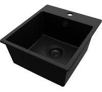 PRIMAGRAN Evier Cuisine en Granit Tout Noir 38x44cm, Lavabo 1 bac + Kit de Vidage, Évier à Encastrer au meuble 40cm - Riga Easy