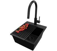 PRIMAGRAN Evier Cuisine en Granit Tout Noir 38x44cm, Lavabo 1 bac + Kit de Vidage + Robinet 40x20cm + Égouttoir Enroulable, Évier à Encastrer au meuble 40cm - Riga Easy