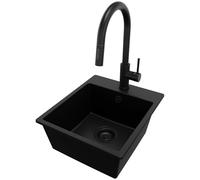 PRIMAGRAN Evier Cuisine en Granit Tout Noir 38x44cm, Lavabo 1 bac + Kit de Vidage + Robinet 40x20cm, Évier à Encastrer au meuble 40cm - Riga Easy