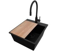 PRIMAGRAN Evier Cuisine en Granit Tout Noir 43x50cm, Lavabo 1 bac + Robinet 40x38cm + Set d’accessoires, Évier à Encastrer al mueble 45cm - Riga S105