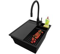 PRIMAGRAN Evier Cuisine en Granit Tout Noir 43x53cm, Lavabo 1 bac + Robinet 40x38cm + Set d’accessoires, Évier à Encastrer al mueble 45cm - Oslo Pocket S074