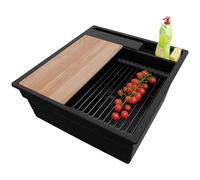 PRIMAGRAN Evier Cuisine en Granit Tout Noir 48x53cm, Lavabo 1 bac + Kit de Vidage + Accessoires, Évier à Encastrer al mueble 50cm - Oslo Pocket S173