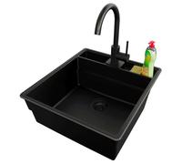 PRIMAGRAN Evier Cuisine en Granit Tout Noir 48x53cm, Lavabo 1 bac + Robinet 32x20cm + Kit de Vidage, Évier à Encastrer al mueble 50cm - New York