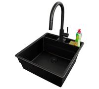 PRIMAGRAN Evier Cuisine en Granit Tout Noir 48x53cm, Lavabo 1 bac + Robinet 40x20cm + Kit de Vidage, Évier à Encastrer al mueble 50cm - New York