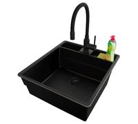 PRIMAGRAN Evier Cuisine en Granit Tout Noir 48x53cm, Lavabo 1 bac + Robinet 40x38cm + Kit de Vidage, Évier à Encastrer al mueble 50cm - New York