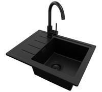 PRIMAGRAN Evier Cuisine en Granit Tout Noir 55x44cm, Lavabo 1 bac + Robinet 32x20cm + Kit de Vidage, Évier à Encastrer al mueble 45cm - Copenhague Easy S010