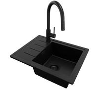 PRIMAGRAN Evier Cuisine en Granit Tout Noir 55x44cm, Lavabo 1 bac + Robinet 40x20cm + Kit de Vidage, Évier à Encastrer al mueble 45cm - Copenhague Easy S014