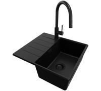 PRIMAGRAN Evier Cuisine en Granit Tout Noir 55x50cm, Lavabo 1 bac + Robinet 40x20cm + Kit de Vidage, Évier à Encastrer au Meuble 40cm - Copenhague Top S020