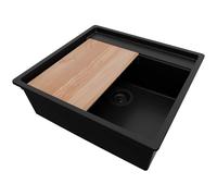 PRIMAGRAN Evier Cuisine en Granit Tout Noir 56x53cm, Lavabo 1 bac + Kit de Vidage + Planche à Découper, Évier à Encastrer al mueble 60cm - Bergen S040