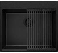 PRIMAGRAN Evier Cuisine en Granit Tout Noir 58x50cm, Lavabo 1 bac + Égouttoir Enroulable, Évier à Encastrer al mueble 60cm - Oslo