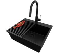 PRIMAGRAN Evier Cuisine en Granit Tout Noir 58x50cm, Lavabo 1 bac + Robinet 40x20cm + Set d’accessoires, Évier à Encastrer al mueble 60cm - Riga S221