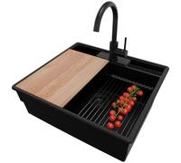 PRIMAGRAN Evier Cuisine en Granit Tout Noir 58x53cm, Lavabo 1 bac + Robinet 32x20cm + Accessoires, Évier à Encastrer al mueble 60cm - New York
