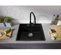 PRIMAGRAN Evier Cuisine en Granit Tout Noir 58x53cm, Lavabo 1 bac + Robinet 32x20cm, Évier à Encastrer al mueble 60cm - New York