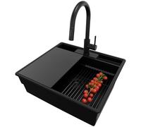 PRIMAGRAN Evier Cuisine en Granit Tout Noir 58x53cm, Lavabo 1 bac + Robinet 40x20cm + Kit de Vidage, Évier à Encastrer au Meuble 60cm - New York S059
