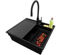 PRIMAGRAN Evier Cuisine en Granit Tout Noir 58x53cm, Lavabo 1 bac + Robinet 40x38cm + Set d’accessoires, Évier à Encastrer al mueble 60cm - Oslo Pocket S221