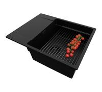 PRIMAGRAN Evier Cuisine en Granit Tout Noir 62x50cm, Lavabo 1 bac + Égouttoir Enroulable, Évier à Encastrer al mueble 50cm - San Francisco