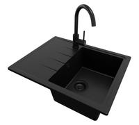 PRIMAGRAN Evier Cuisine en Granit Tout Noir 62x50cm, Lavabo 1 bac + Kit de Vidage, Évier à Encastrer al mueble 40cm - Milan S058